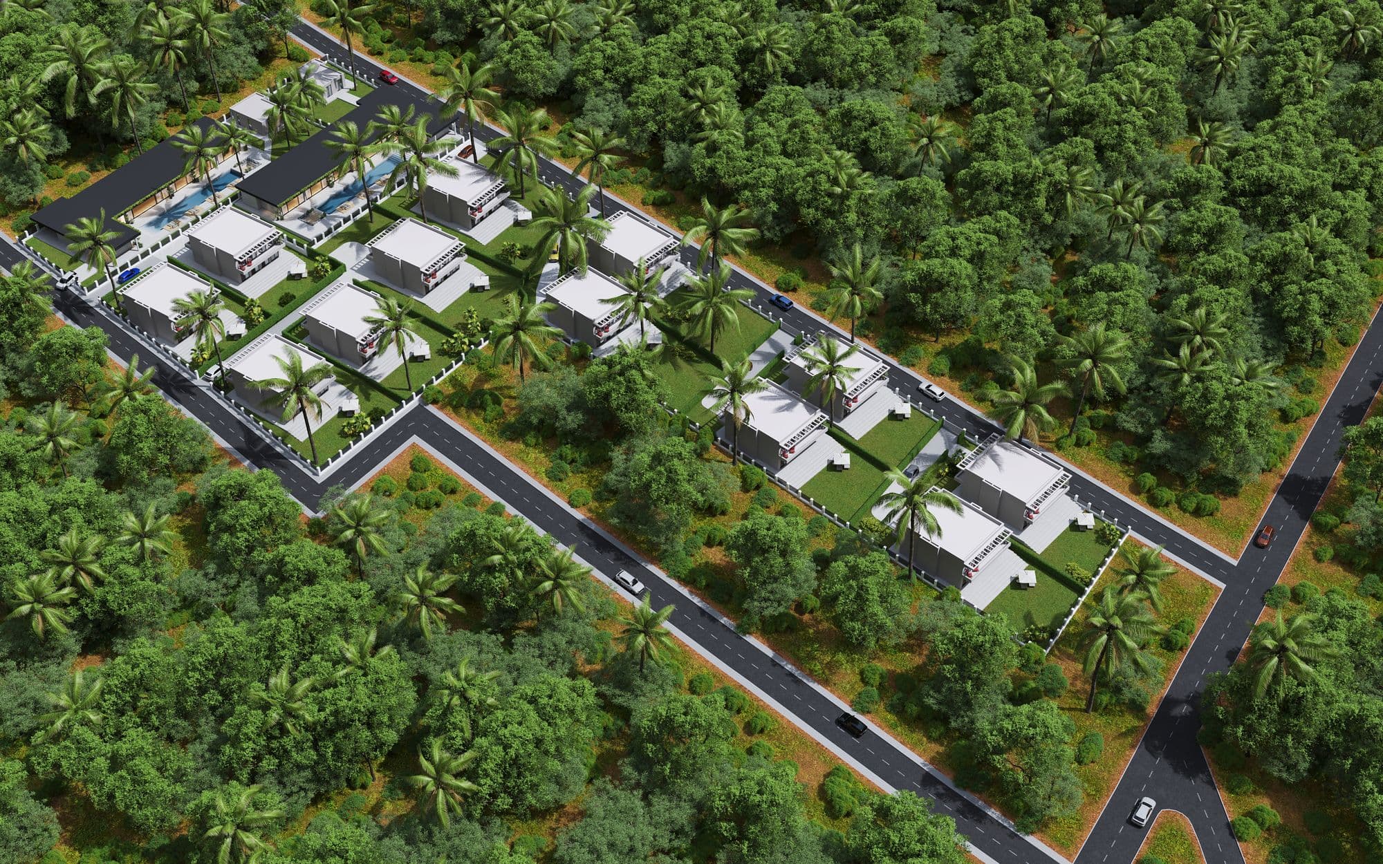 Aerial visual of MEMAP Homes development among the palms